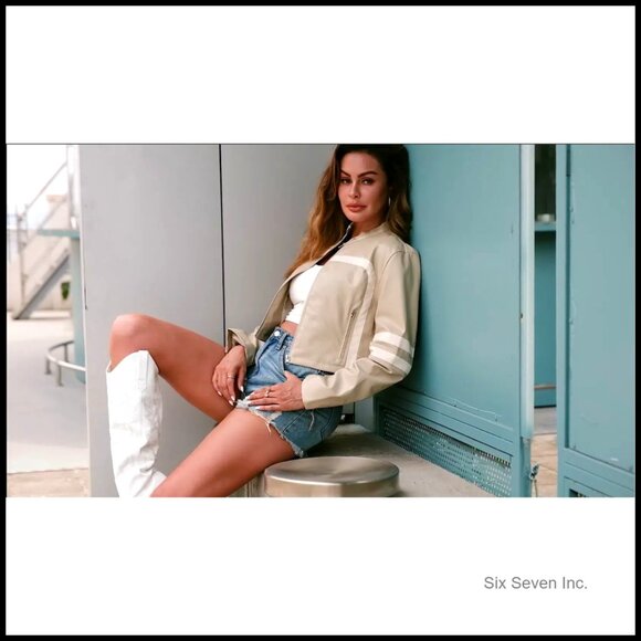 Faux Leather Cropped Moto Jacket with Zip Closure and Side Pockets - Picture 7 of 7